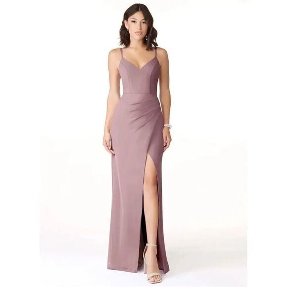 AZAZIE LEO Mermaid V-Neck Pleated Chiffon Dress Dusty Rose Size 2 A2 Bridesmaid - Picture 1 of 7
